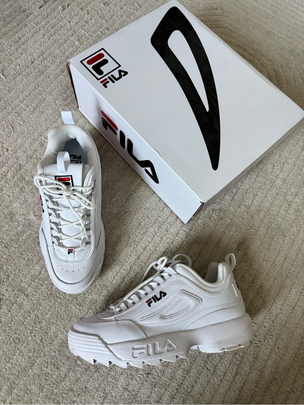 Fila White Chunky Platform Sneakers with Red & Navy Logo